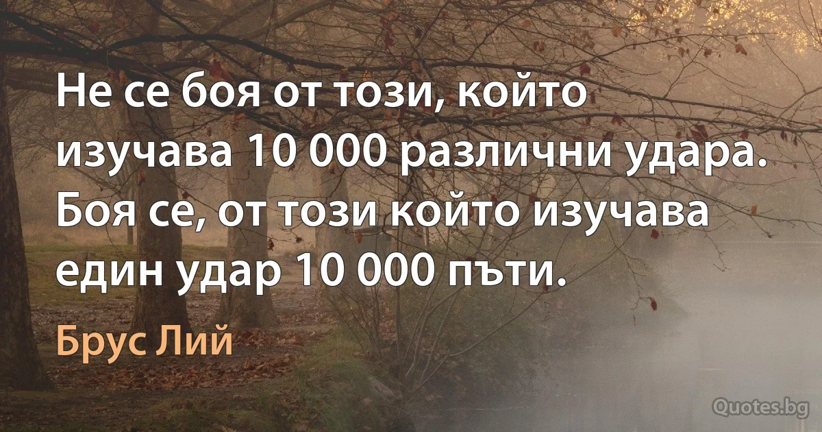 Не се боя от този, който изучава 10 000 различни удара. Боя се, от този който изучава един удар 10 000 пъти. (Брус Лий)