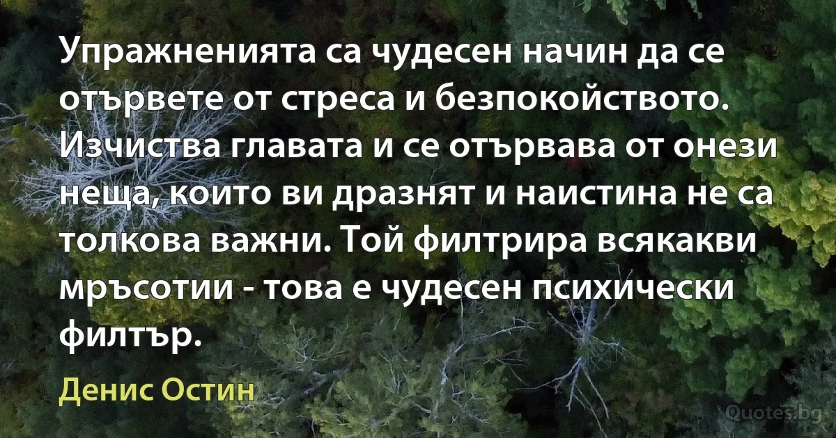 Упражненията са чудесен начин да се отървете от стреса и безпокойството. Изчиства главата и се отървава от онези неща, които ви дразнят и наистина не са толкова важни. Той филтрира всякакви мръсотии - това е чудесен психически филтър. (Денис Остин)