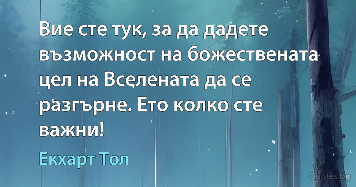 Вие сте тук, за да дадете възможност на божествената цел на Вселената да се разгърне. Ето колко сте важни! (Екхарт Тол)