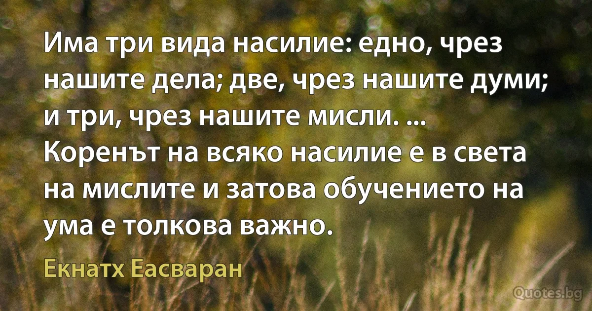 Има три вида насилие: едно, чрез нашите дела; две, чрез нашите думи; и три, чрез нашите мисли. ... Коренът на всяко насилие е в света на мислите и затова обучението на ума е толкова важно. (Екнатх Еасваран)