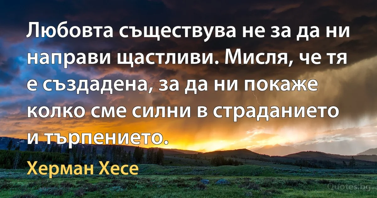 Любовта съществува не за да ни направи щастливи. Мисля, че тя е създадена, за да ни покаже колко сме силни в страданието и търпението. (Херман Хесе)