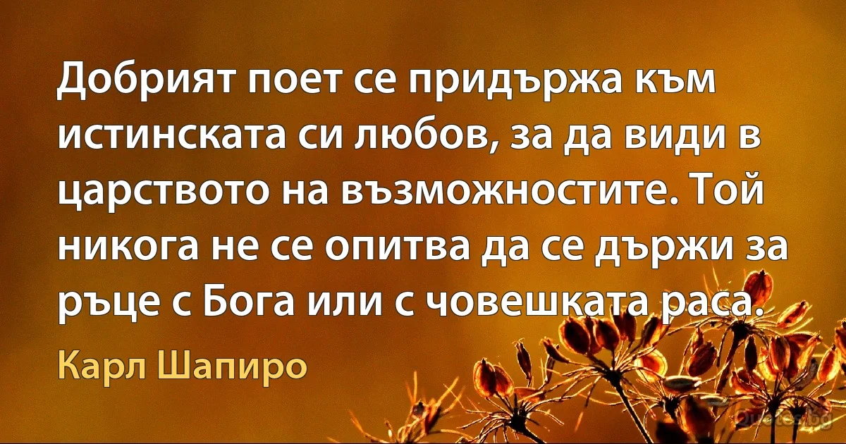 Добрият поет се придържа към истинската си любов, за да види в царството на възможностите. Той никога не се опитва да се държи за ръце с Бога или с човешката раса. (Карл Шапиро)