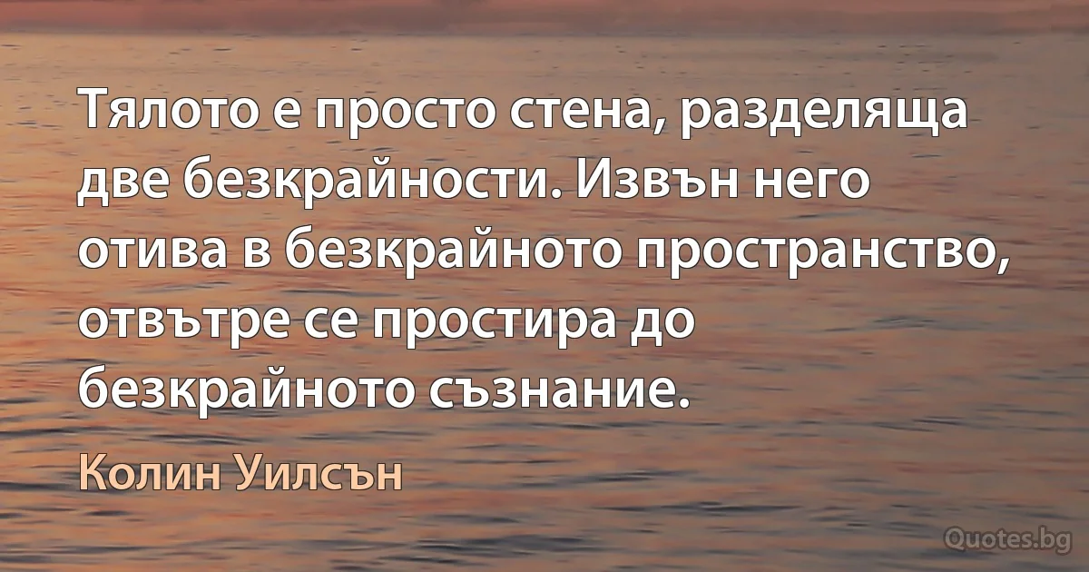 Тялото е просто стена, разделяща две безкрайности. Извън него отива в безкрайното пространство, отвътре се простира до безкрайното съзнание. (Колин Уилсън)