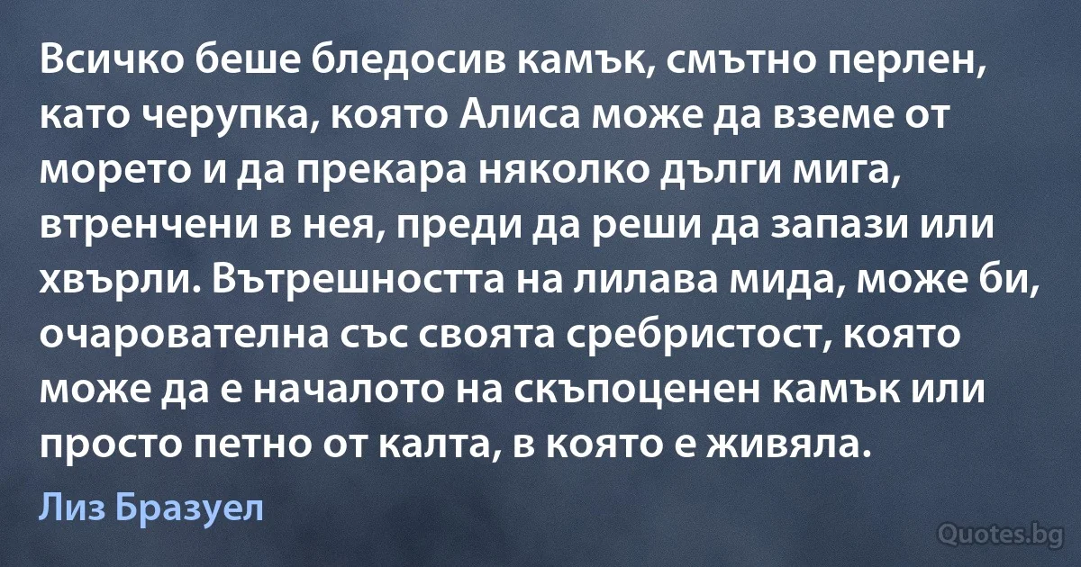 Всичко беше бледосив камък, смътно перлен, като черупка, която Алиса може да вземе от морето и да прекара няколко дълги мига, втренчени в нея, преди да реши да запази или хвърли. Вътрешността на лилава мида, може би, очарователна със своята сребристост, която може да е началото на скъпоценен камък или просто петно от калта, в която е живяла. (Лиз Бразуел)