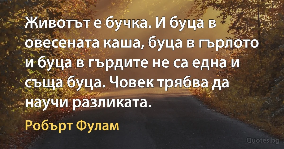 Животът е бучка. И буца в овесената каша, буца в гърлото и буца в гърдите не са една и съща буца. Човек трябва да научи разликата. (Робърт Фулам)