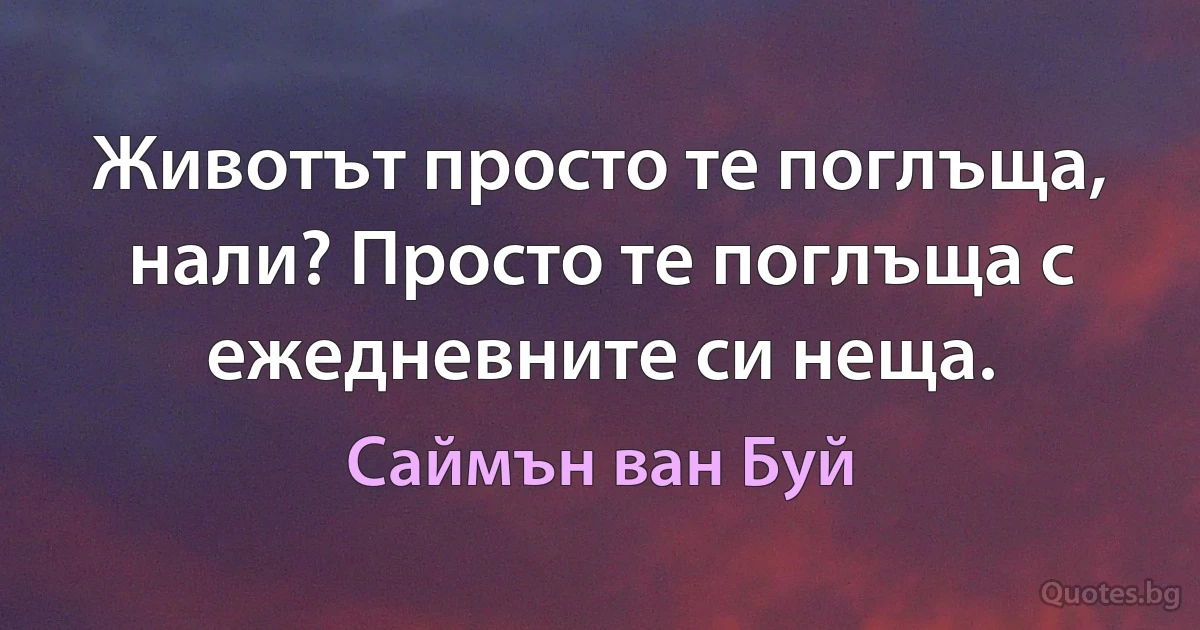 Животът просто те поглъща, нали? Просто те поглъща с ежедневните си неща. (Саймън ван Буй)