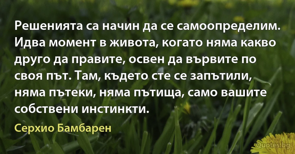 Решенията са начин да се самоопределим. Идва момент в живота, когато няма какво друго да правите, освен да вървите по своя път. Там, където сте се запътили, няма пътеки, няма пътища, само вашите собствени инстинкти. (Серхио Бамбарен)