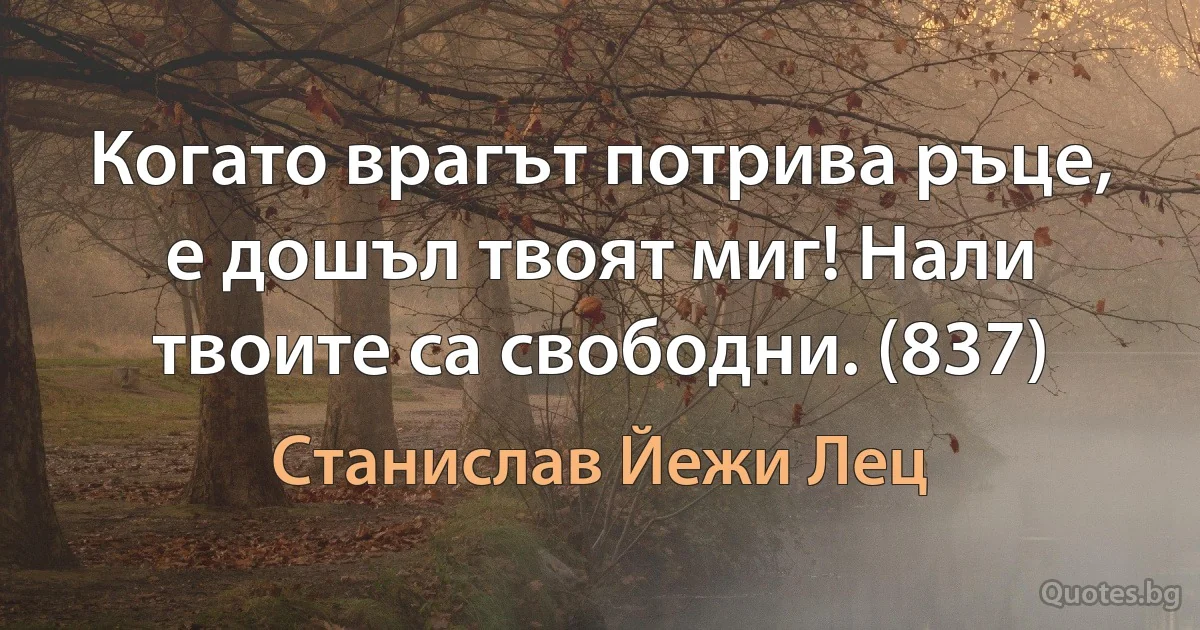 Когато врагът потрива ръце, е дошъл твоят миг! Нали твоите са свободни. (837) (Станислав Йежи Лец)