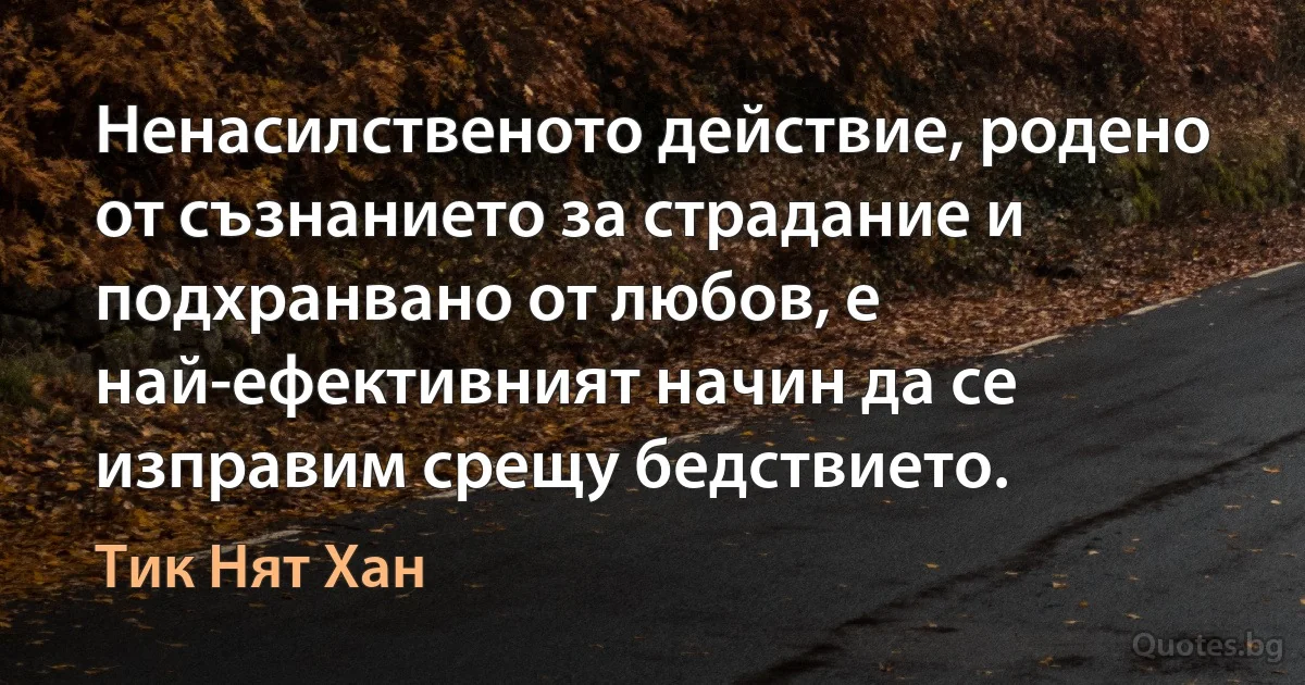 Ненасилственото действие, родено от съзнанието за страдание и подхранвано от любов, е най-ефективният начин да се изправим срещу бедствието. (Тик Нят Хан)