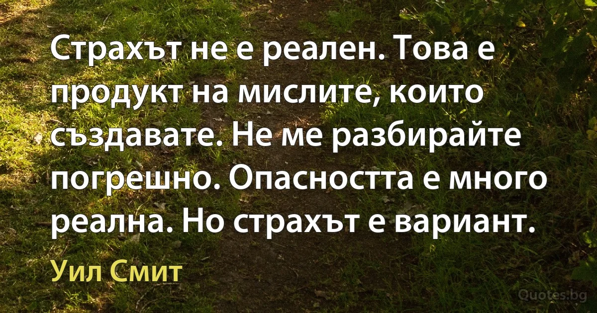 Страхът не е реален. Това е продукт на мислите, които създавате. Не ме разбирайте погрешно. Опасността е много реална. Но страхът е вариант. (Уил Смит)