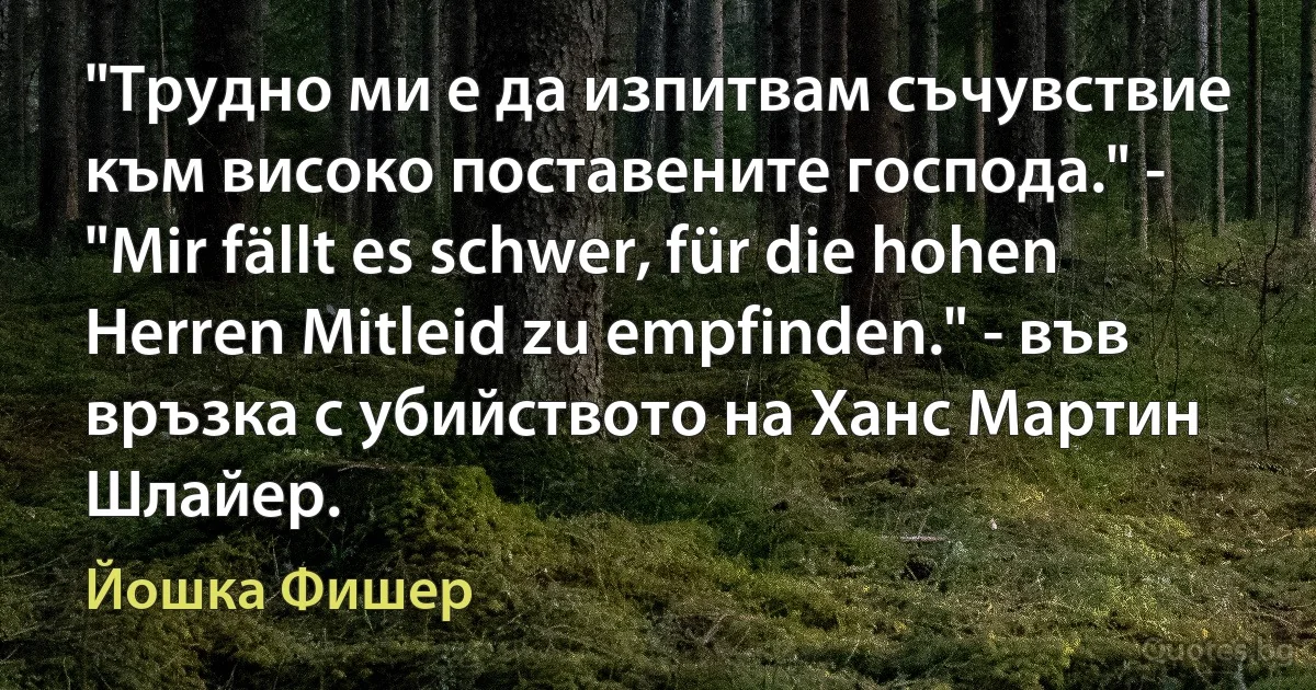 "Трудно ми е да изпитвам съчувствие към високо поставените господа." - "Mir fällt es schwer, für die hohen Herren Mitleid zu empfinden." - във връзка с убийството на Ханс Мартин Шлайер. (Йошка Фишер)