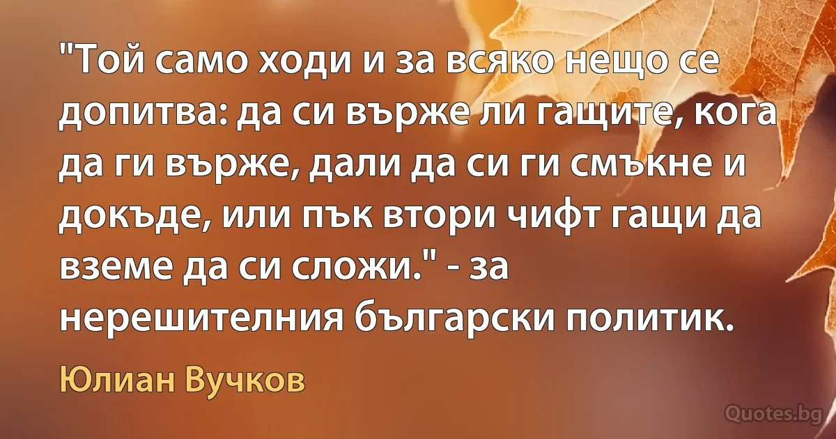 "Той само ходи и за всяко нещо се допитва: да си върже ли гащите, кога да ги върже, дали да си ги смъкне и докъде, или пък втори чифт гащи да вземе да си сложи." - за нерешителния български политик. (Юлиан Вучков)