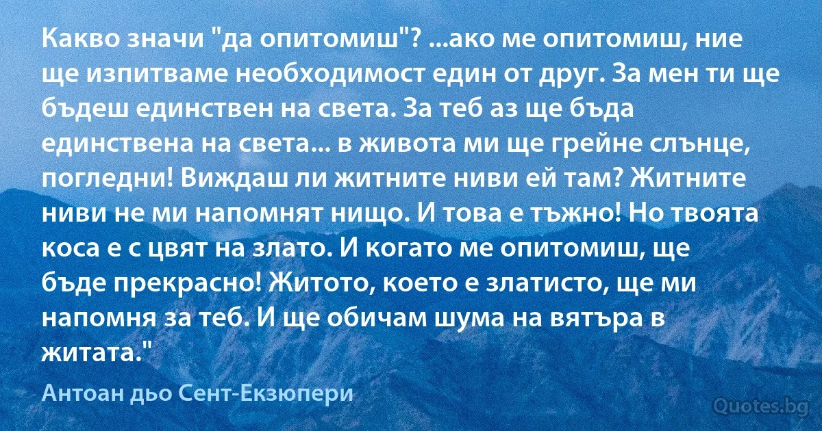 Какво значи "да опитомиш"? ...ако ме опитомиш, ние ще изпитваме необходимост един от друг. За мен ти ще бъдеш единствен на света. За теб аз ще бъда единствена на света... в живота ми ще грейне слънце, погледни! Виждаш ли житните ниви ей там? Житните ниви не ми напомнят нищо. И това е тъжно! Но твоята коса е с цвят на злато. И когато ме опитомиш, ще бъде прекрасно! Житото, което е златисто, ще ми напомня за теб. И ще обичам шума на вятъра в житата." (Антоан дьо Сент-Екзюпери)