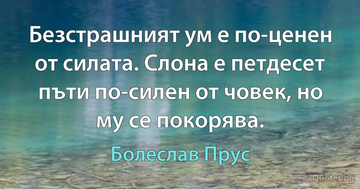 Безстрашният ум е по-ценен от силата. Слона е петдесет пъти по-силен от човек, но му се покорява. (Болеслав Прус)