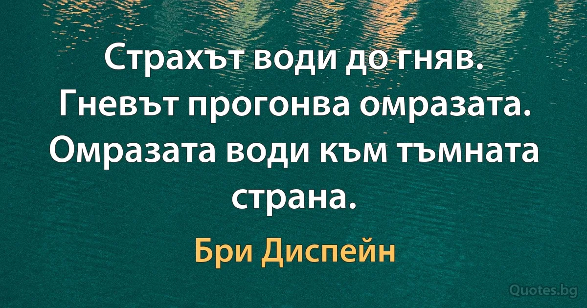 Страхът води до гняв. Гневът прогонва омразата. Омразата води към тъмната страна. (Бри Диспейн)