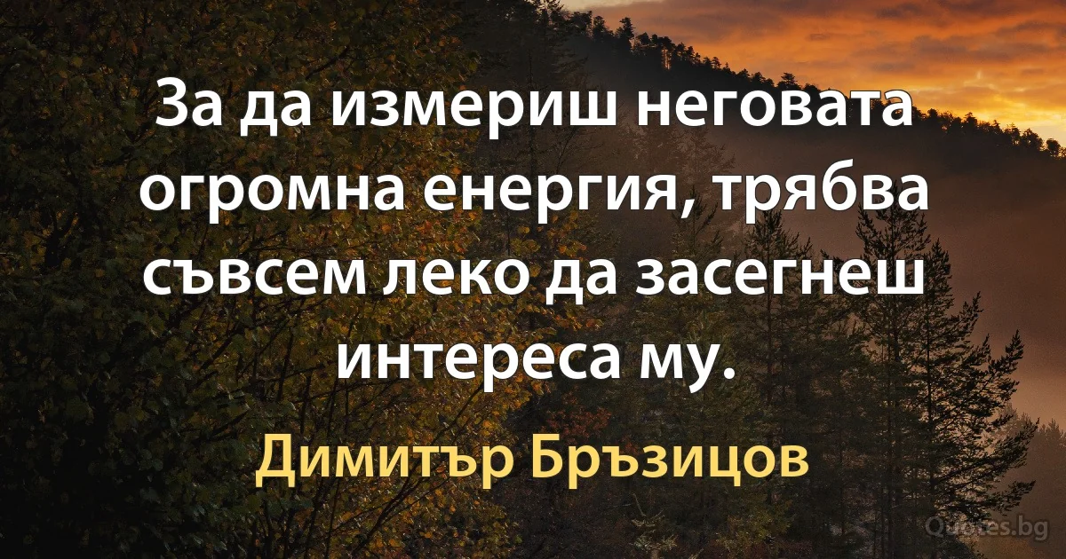 За да измериш неговата огромна енергия, трябва съвсем леко да засегнеш интереса му. (Димитър Бръзицов)