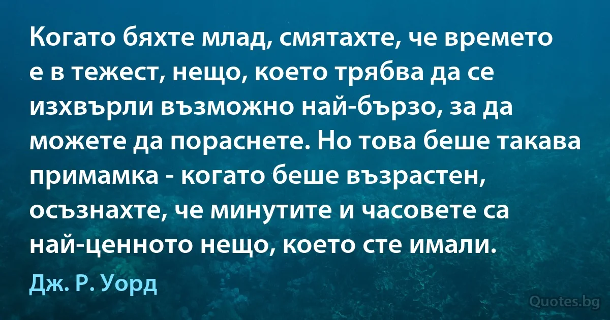 Когато бяхте млад, смятахте, че времето е в тежест, нещо, което трябва да се изхвърли възможно най-бързо, за да можете да пораснете. Но това беше такава примамка - когато беше възрастен, осъзнахте, че минутите и часовете са най-ценното нещо, което сте имали. (Дж. Р. Уорд)