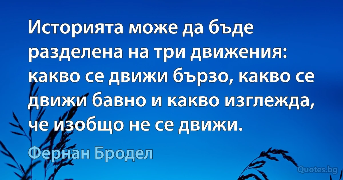 Историята може да бъде разделена на три движения: какво се движи бързо, какво се движи бавно и какво изглежда, че изобщо не се движи. (Фернан Бродел)