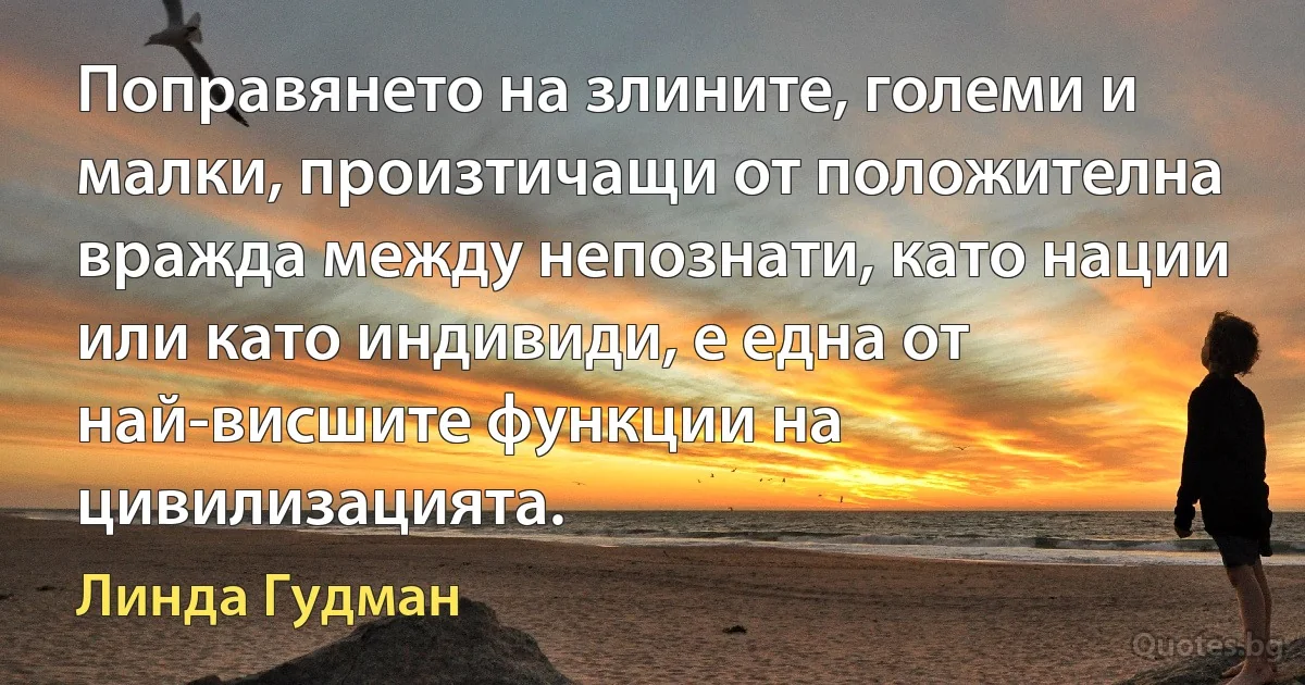 Поправянето на злините, големи и малки, произтичащи от положителна вражда между непознати, като нации или като индивиди, е една от най-висшите функции на цивилизацията. (Линда Гудман)