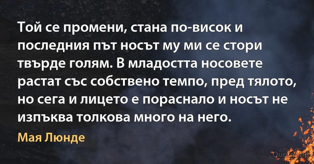 Той се промени, стана по-висок и последния път носът му ми се стори твърде голям. В младостта носовете растат със собствено темпо, пред тялото, но сега и лицето е пораснало и носът не изпъква толкова много на него. (Мая Люнде)