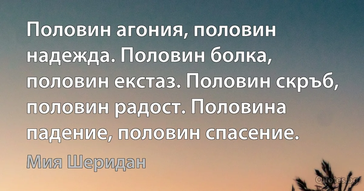 Половин агония, половин надежда. Половин болка, половин екстаз. Половин скръб, половин радост. Половина падение, половин спасение. (Мия Шеридан)