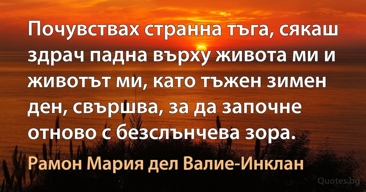 Почувствах странна тъга, сякаш здрач падна върху живота ми и животът ми, като тъжен зимен ден, свършва, за да започне отново с безслънчева зора. (Рамон Мария дел Валие-Инклан)