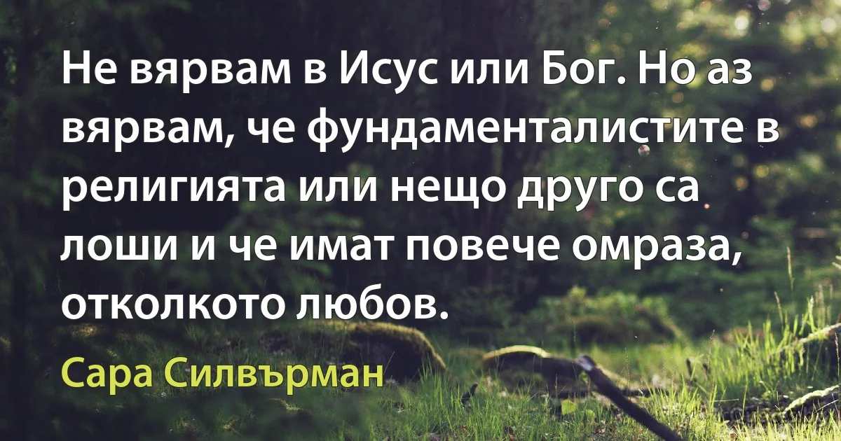 Не вярвам в Исус или Бог. Но аз вярвам, че фундаменталистите в религията или нещо друго са лоши и че имат повече омраза, отколкото любов. (Сара Силвърман)