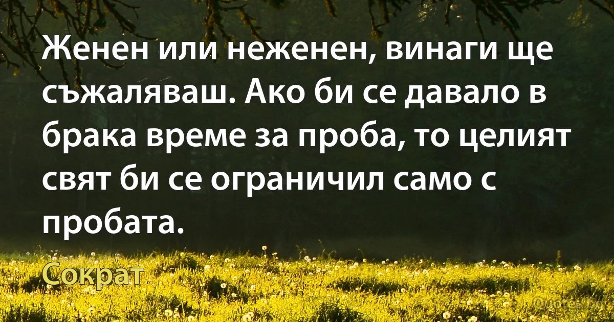 Женен или неженен, винаги ще съжаляваш. Ако би се давало в брака време за проба, то целият свят би се ограничил само с пробата. (Сократ)