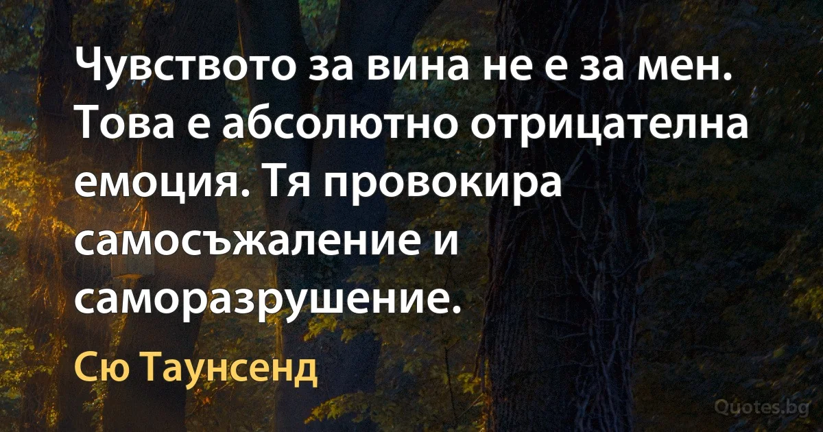 Чувството за вина не е за мен. Това е абсолютно отрицателна емоция. Тя провокира самосъжаление и саморазрушение. (Сю Таунсенд)