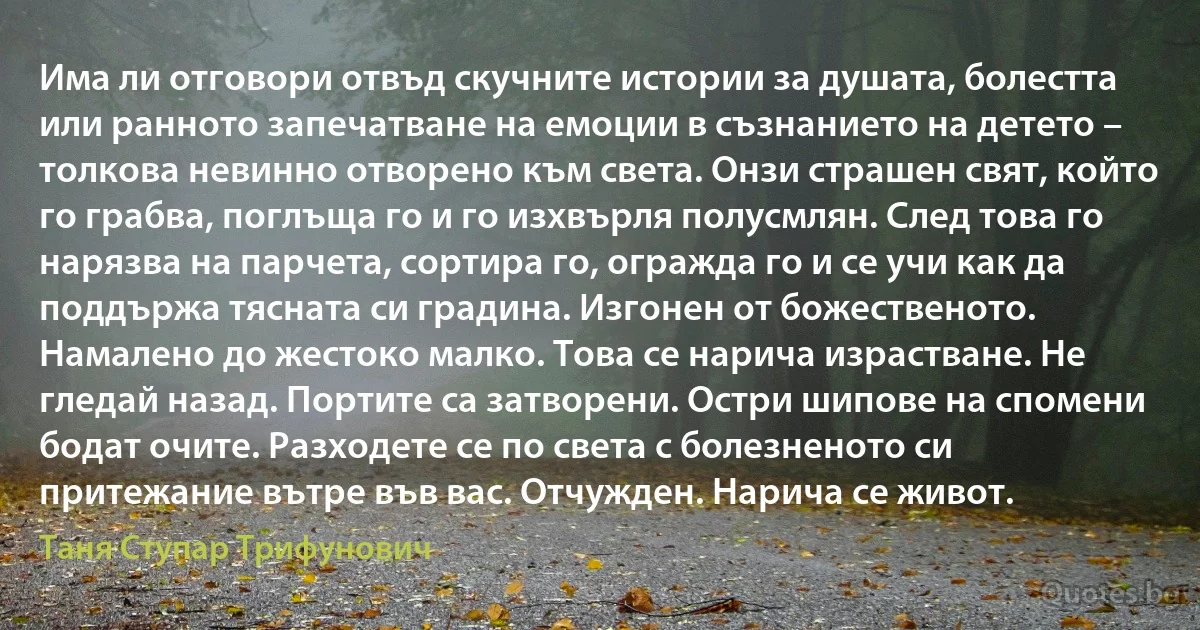 Има ли отговори отвъд скучните истории за душата, болестта или ранното запечатване на емоции в съзнанието на детето – толкова невинно отворено към света. Онзи страшен свят, който го грабва, поглъща го и го изхвърля полусмлян. След това го нарязва на парчета, сортира го, огражда го и се учи как да поддържа тясната си градина. Изгонен от божественото. Намалено до жестоко малко. Това се нарича израстване. Не гледай назад. Портите са затворени. Остри шипове на спомени бодат очите. Разходете се по света с болезненото си притежание вътре във вас. Отчужден. Нарича се живот. (Таня Ступар Трифунович)