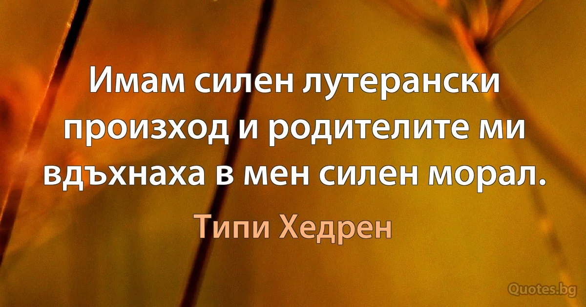 Имам силен лутерански произход и родителите ми вдъхнаха в мен силен морал. (Типи Хедрен)