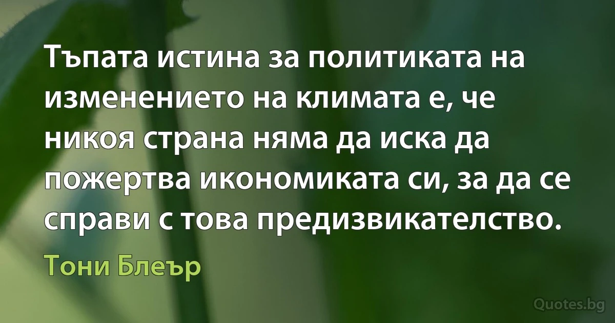 Тъпата истина за политиката на изменението на климата е, че никоя страна няма да иска да пожертва икономиката си, за да се справи с това предизвикателство. (Тони Блеър)