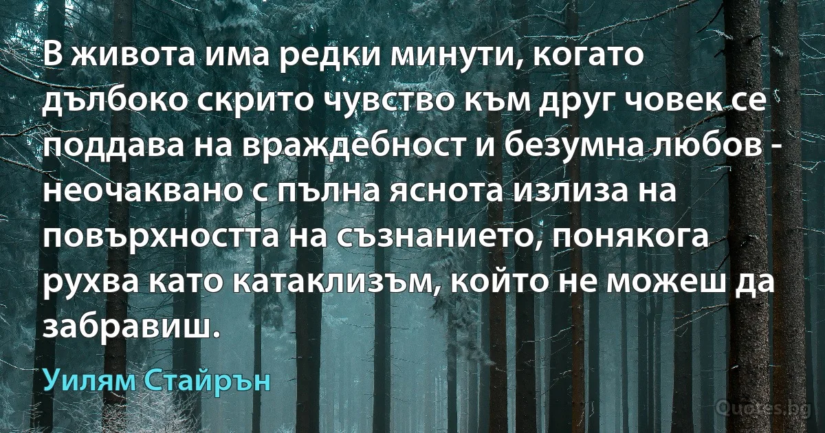 В живота има редки минути, когато дълбоко скрито чувство към друг човек се поддава на враждебност и безумна любов - неочаквано с пълна яснота излиза на повърхността на съзнанието, понякога рухва като катаклизъм, който не можеш да забравиш. (Уилям Стайрън)