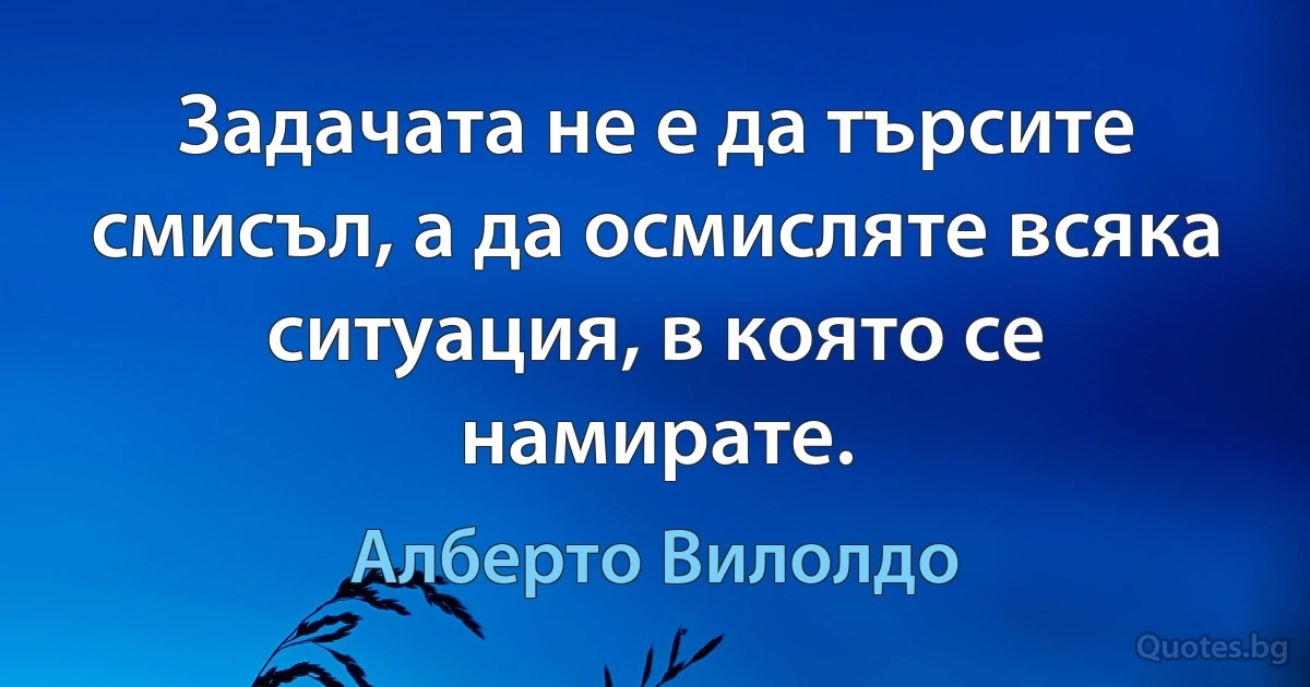 Задачата не е да търсите смисъл, а да осмисляте всяка ситуация, в която се намирате. (Алберто Вилолдо)