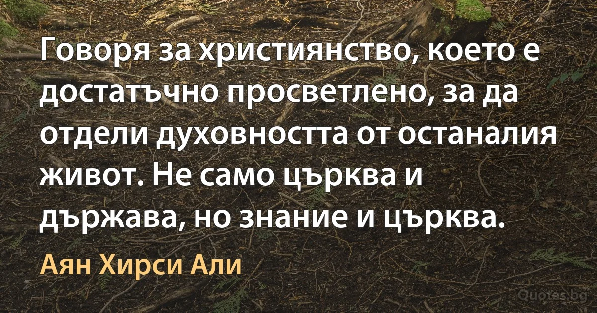 Говоря за християнство, което е достатъчно просветлено, за да отдели духовността от останалия живот. Не само църква и държава, но знание и църква. (Аян Хирси Али)