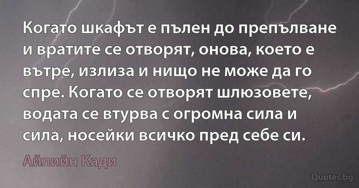 Когато шкафът е пълен до препълване и вратите се отворят, онова, което е вътре, излиза и нищо не може да го спре. Когато се отворят шлюзовете, водата се втурва с огромна сила и сила, носейки всичко пред себе си. (Айлийн Кади)