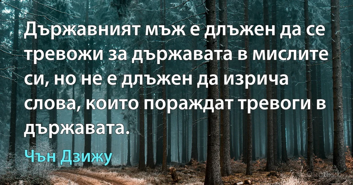 Държавният мъж е длъжен да се тревожи за държавата в мислите си, но не е длъжен да изрича слова, които пораждат тревоги в държавата. (Чън Дзижу)