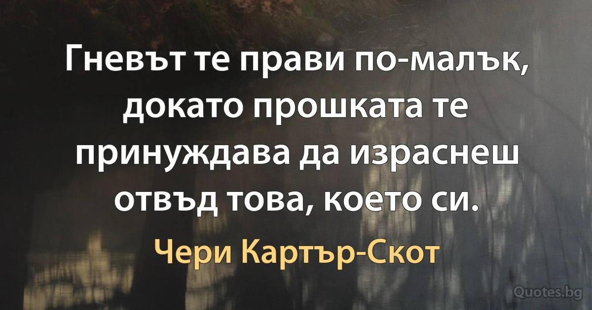 Гневът те прави по-малък, докато прошката те принуждава да израснеш отвъд това, което си. (Чери Картър-Скот)