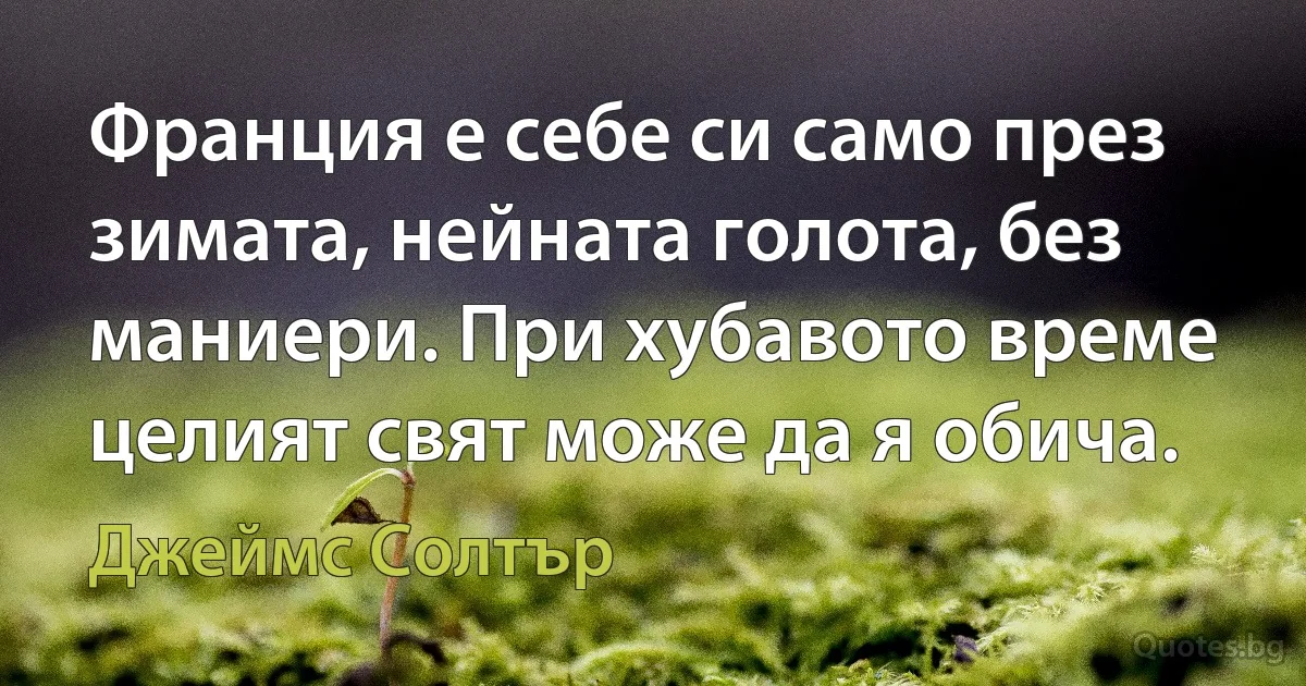 Франция е себе си само през зимата, нейната голота, без маниери. При хубавото време целият свят може да я обича. (Джеймс Солтър)