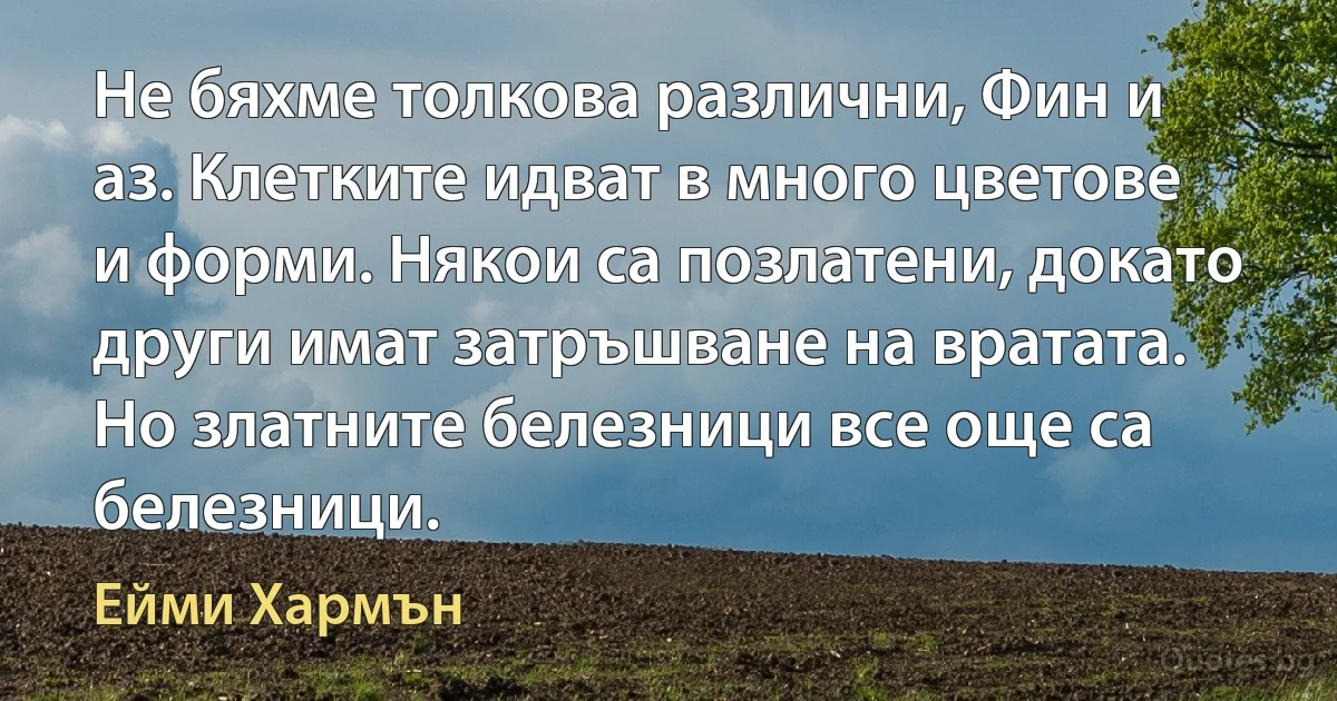 Не бяхме толкова различни, Фин и аз. Клетките идват в много цветове и форми. Някои са позлатени, докато други имат затръшване на вратата. Но златните белезници все още са белезници. (Ейми Хармън)