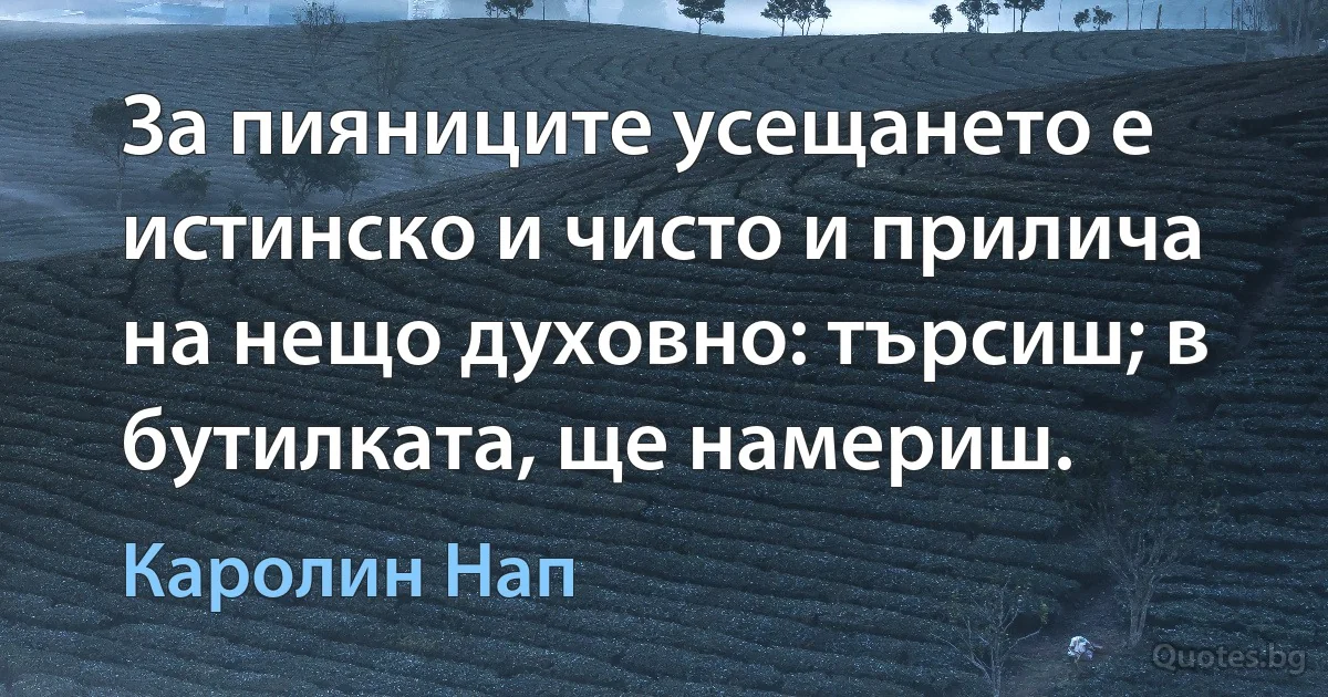 За пияниците усещането е истинско и чисто и прилича на нещо духовно: търсиш; в бутилката, ще намериш. (Каролин Нап)