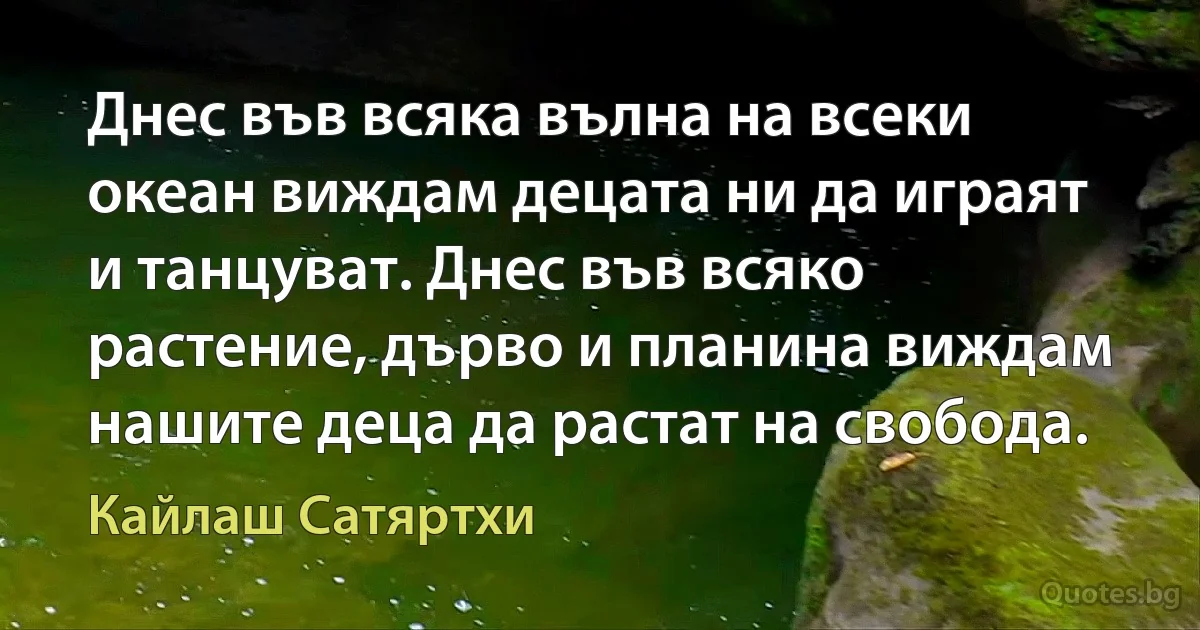 Днес във всяка вълна на всеки океан виждам децата ни да играят и танцуват. Днес във всяко растение, дърво и планина виждам нашите деца да растат на свобода. (Кайлаш Сатяртхи)