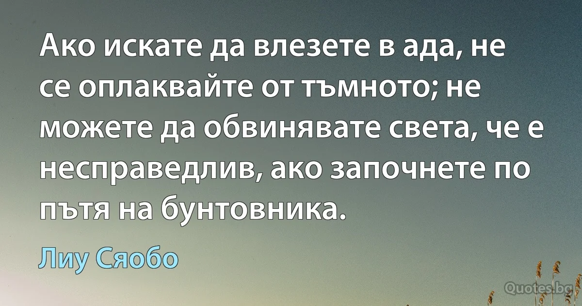 Ако искате да влезете в ада, не се оплаквайте от тъмното; не можете да обвинявате света, че е несправедлив, ако започнете по пътя на бунтовника. (Лиу Сяобо)