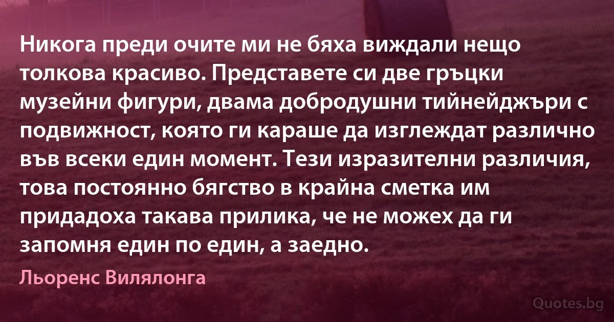 Никога преди очите ми не бяха виждали нещо толкова красиво. Представете си две гръцки музейни фигури, двама добродушни тийнейджъри с подвижност, която ги караше да изглеждат различно във всеки един момент. Тези изразителни различия, това постоянно бягство в крайна сметка им придадоха такава прилика, че не можех да ги запомня един по един, а заедно. (Льоренс Вилялонга)