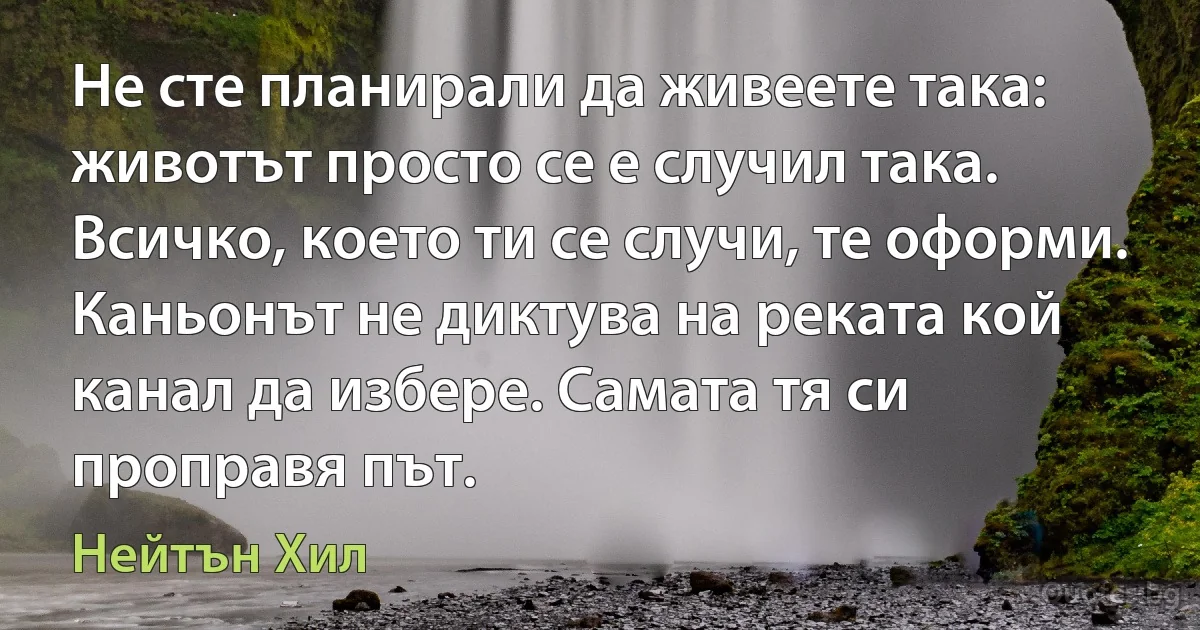 Не сте планирали да живеете така: животът просто се е случил така. Всичко, което ти се случи, те оформи. Каньонът не диктува на реката кой канал да избере. Самата тя си проправя път. (Нейтън Хил)