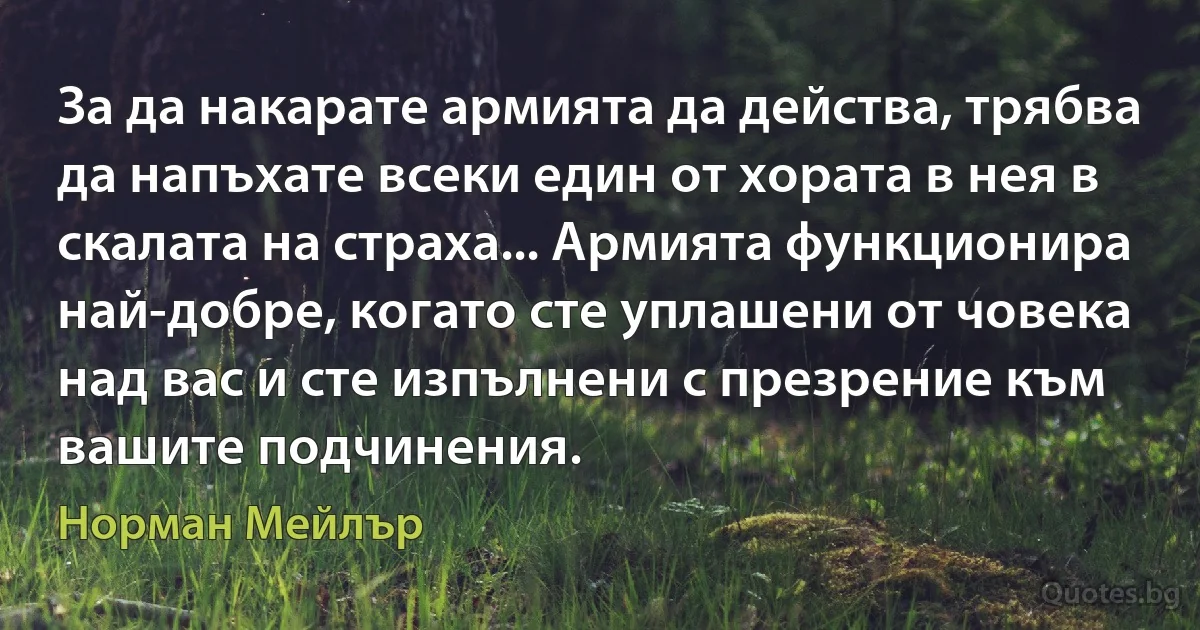 За да накарате армията да действа, трябва да напъхате всеки един от хората в нея в скалата на страха... Армията функционира най-добре, когато сте уплашени от човека над вас и сте изпълнени с презрение към вашите подчинения. (Норман Мейлър)