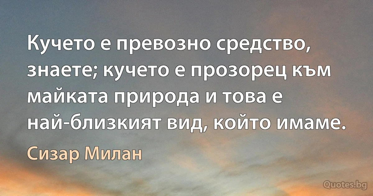 Кучето е превозно средство, знаете; кучето е прозорец към майката природа и това е най-близкият вид, който имаме. (Сизар Милан)