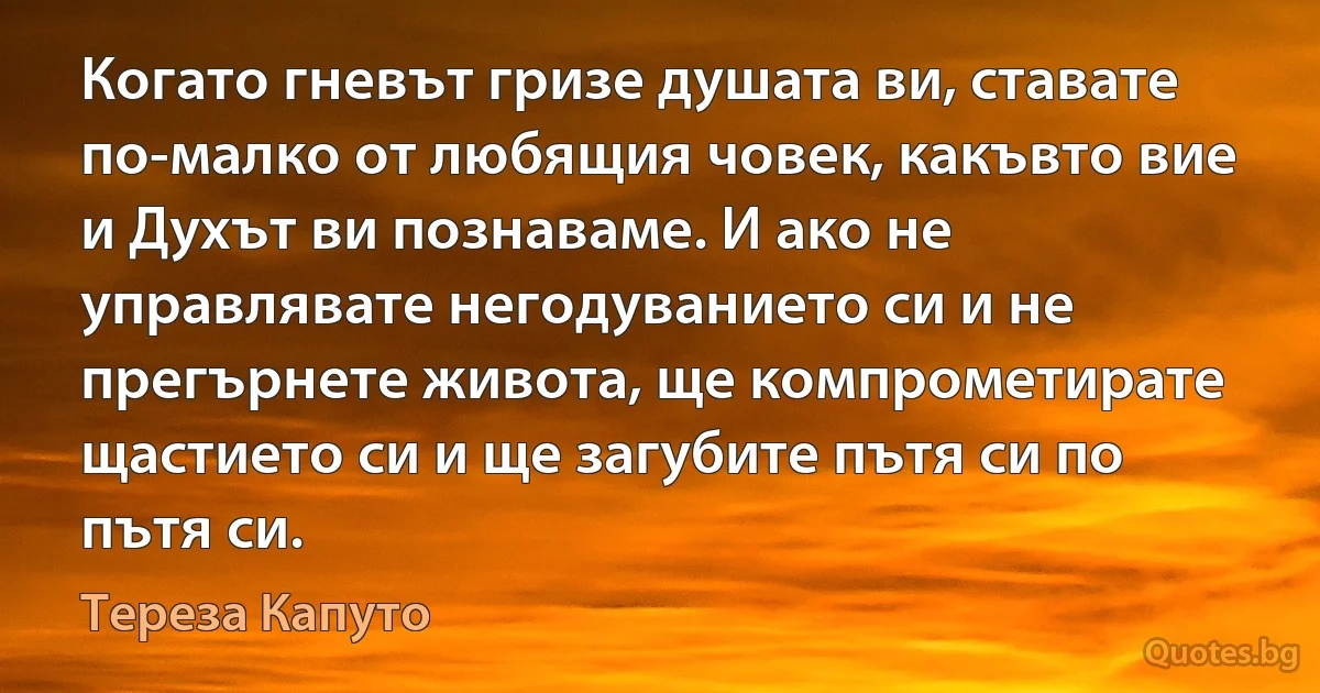 Когато гневът гризе душата ви, ставате по-малко от любящия човек, какъвто вие и Духът ви познаваме. И ако не управлявате негодуванието си и не прегърнете живота, ще компрометирате щастието си и ще загубите пътя си по пътя си. (Тереза Капуто)