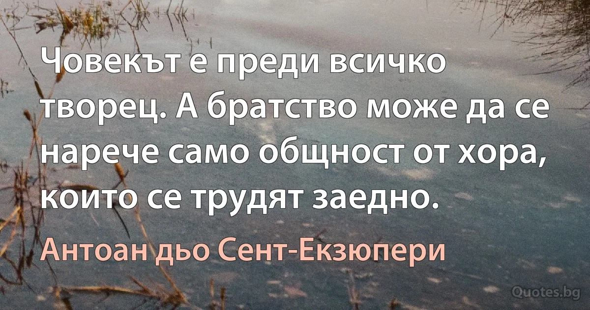 Човекът е преди всичко творец. А братство може да се нарече само общност от хора, които се трудят заедно. (Антоан дьо Сент-Екзюпери)