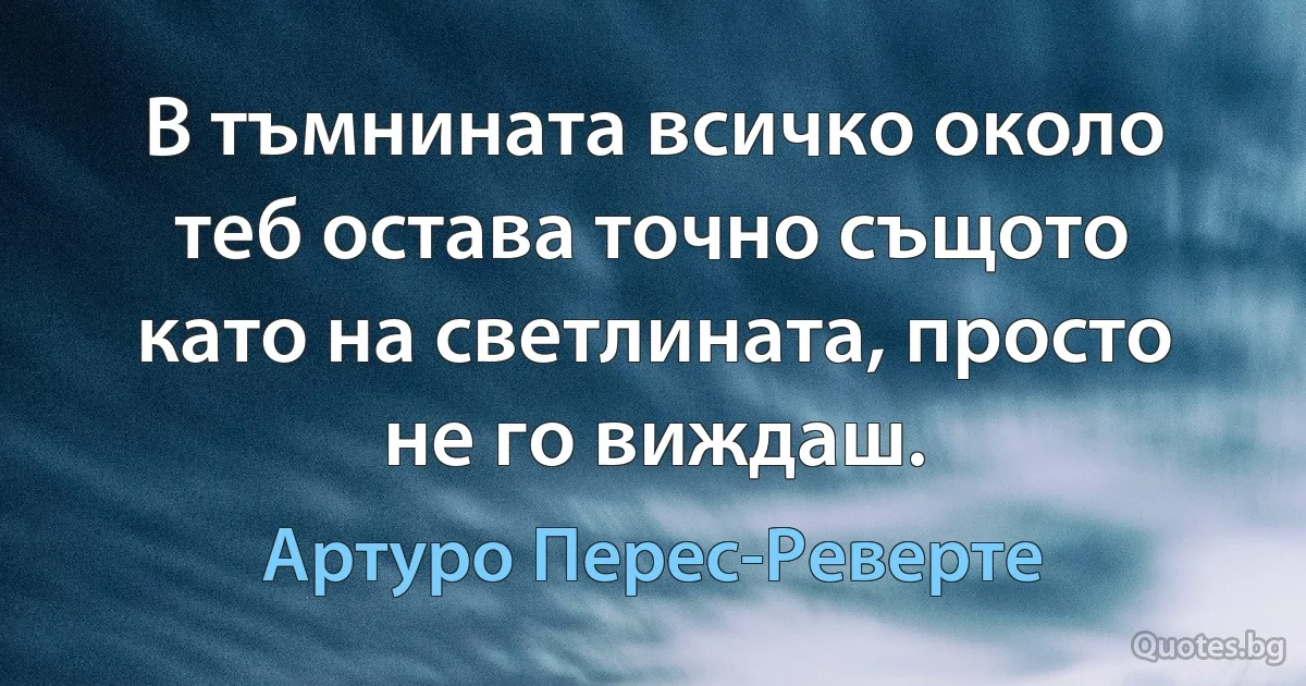 В тъмнината всичко около теб остава точно същото като на светлината, просто не го виждаш. (Артуро Перес-Реверте)